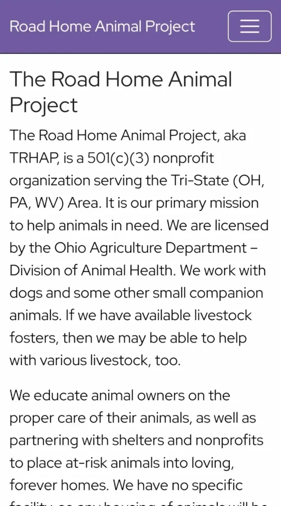 The Road Home Animal Project Mobile Website