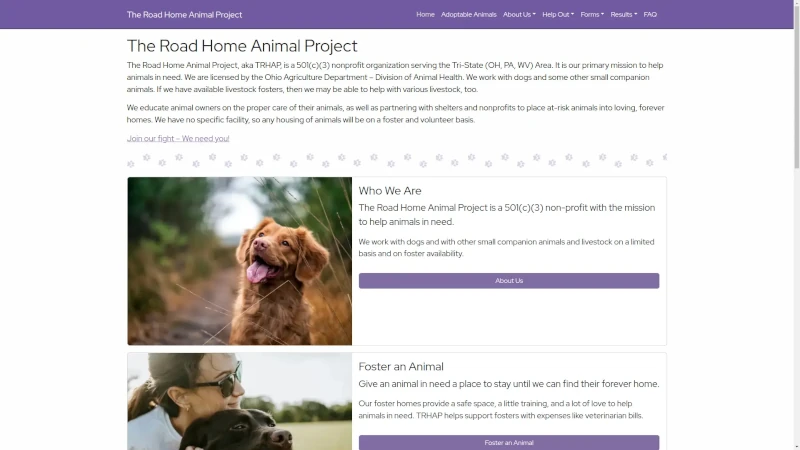 The Road Home Animal Project Desktop Website